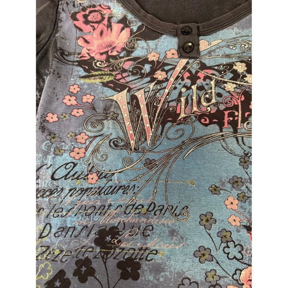 Womens Y2K Wild Flowers Butterfly Graphic Baby Tee Rhinestone Henley 2000s M - Picture 5 of 8